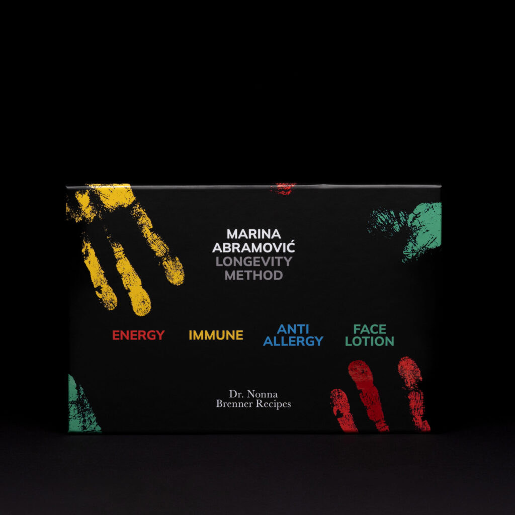 Front view of Marina Abramović Longevity Method set box featuring product lineup.