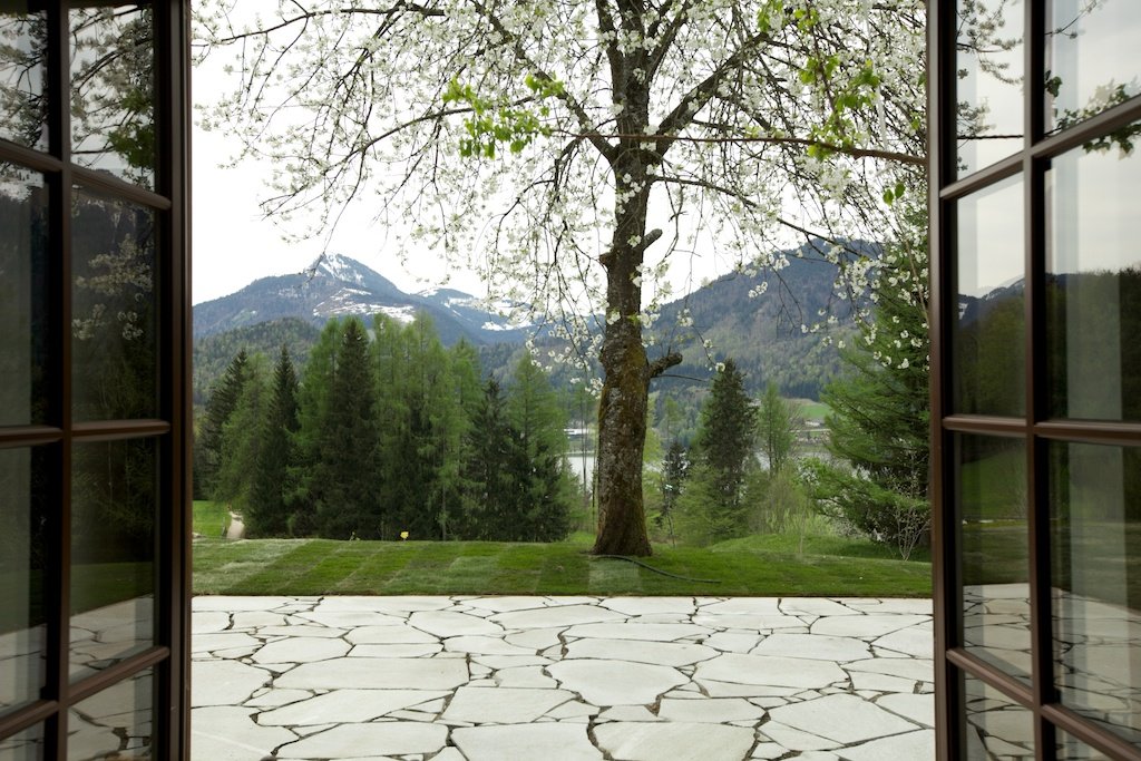 View from inside Dr. Nonna Brenner's longevity center in Fuschl am See, Austria, showcasing the serene natural landscape and blossoming tree framed by large windows.